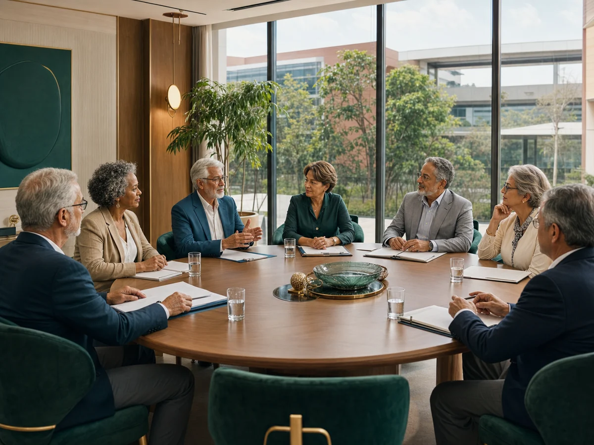 Conselho administrativo reunido para decisões estratégicas em saúde