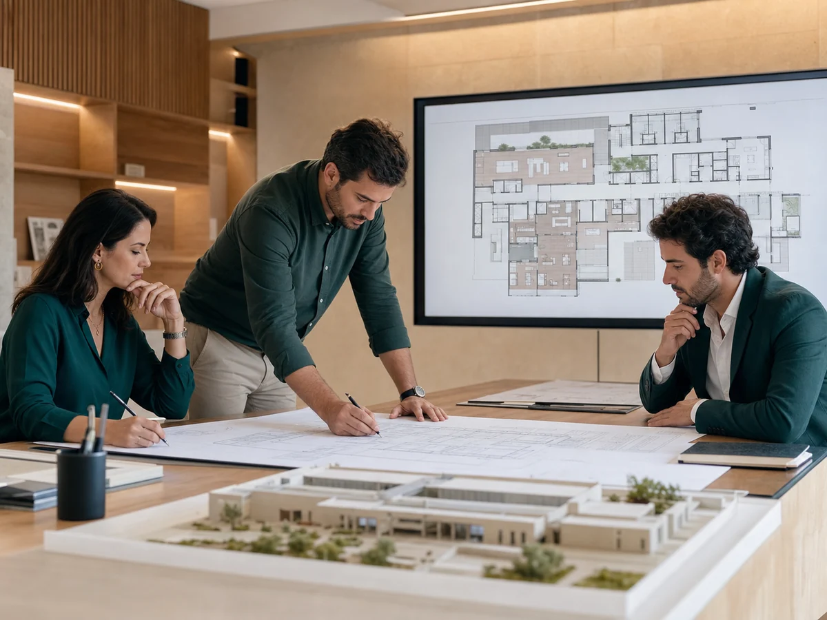 Arquitetos elaborando o projeto de uma unidade de saúde